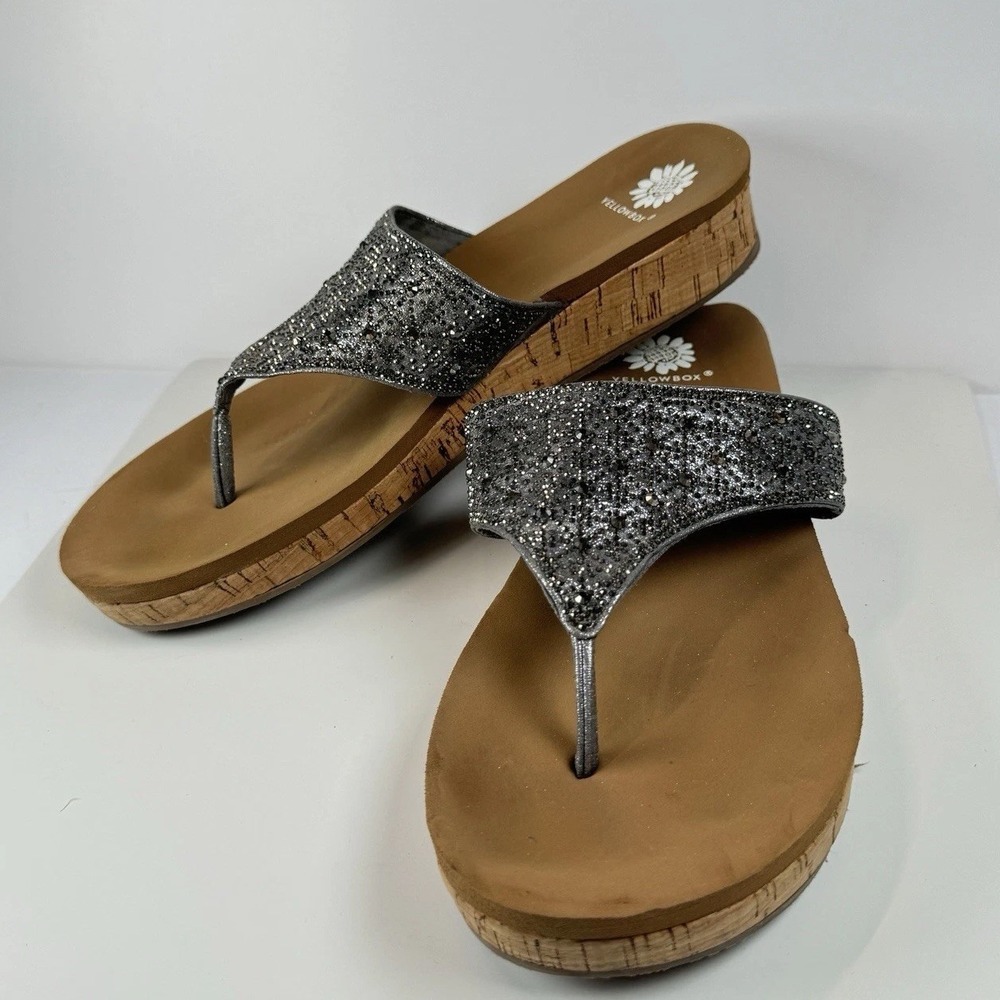 Yellow Box Crystal Wedge Sandals Sz‎ 7 Silver Glitter Rhinestone Flip Flops